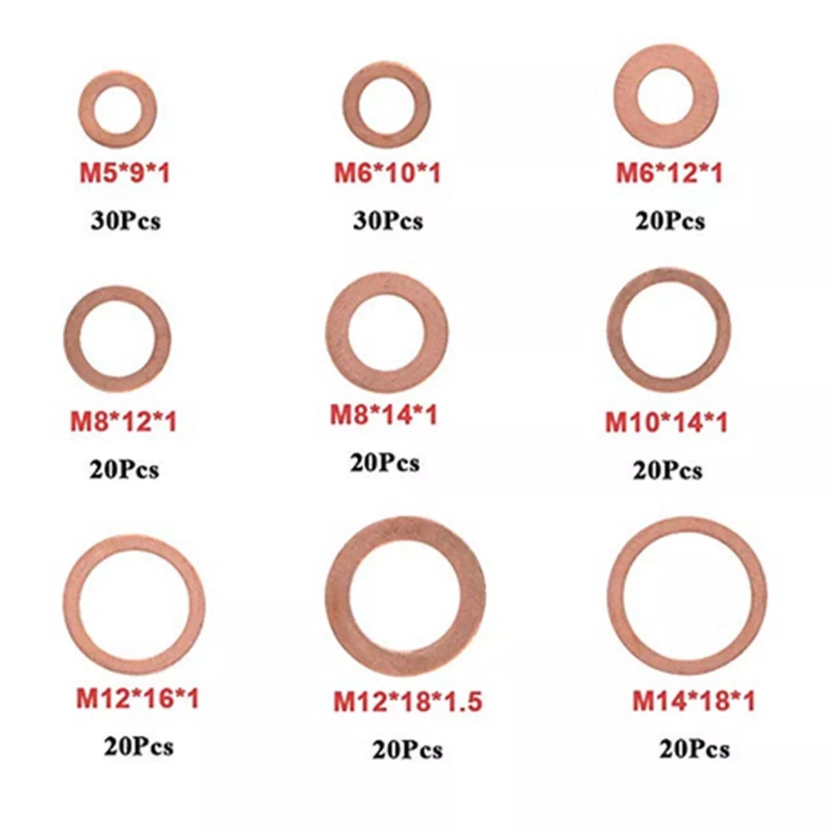 200pcs Red Copper Washers Assortment – O-Ring Sealing Gaskets For Sump Plugs, Fuel & Hydraulic Lines