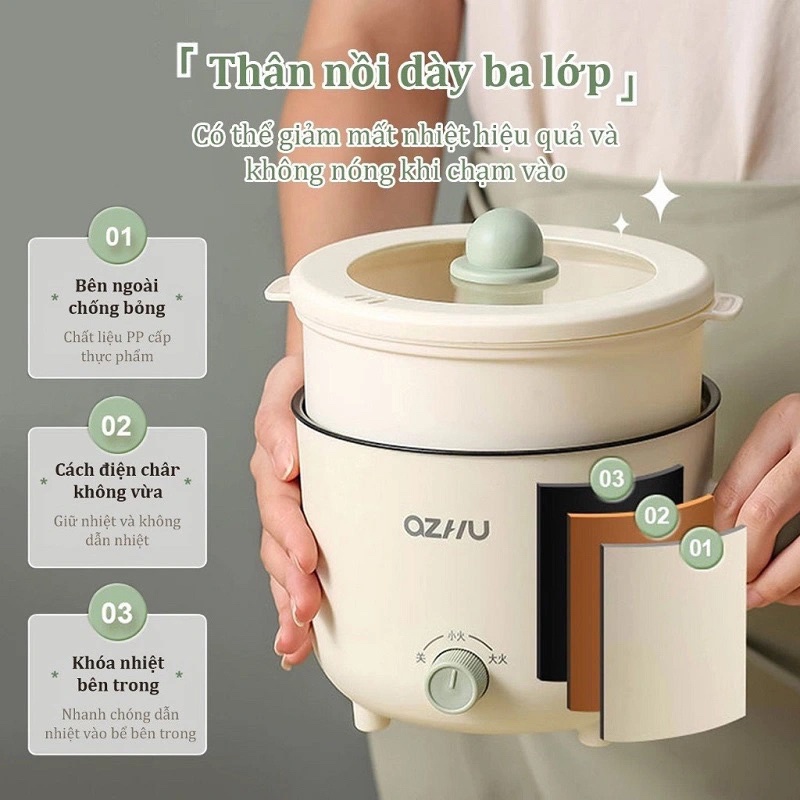 Nồi lẩu điện mini OZHU có lồng hấp cao cấp