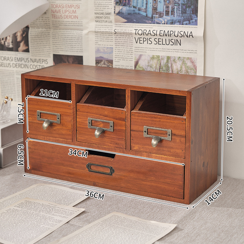 3 compartments, one draw, retro storage box, wooden desktop shelf, sundries, stationery storage box, desk, drawer, storage cabinet