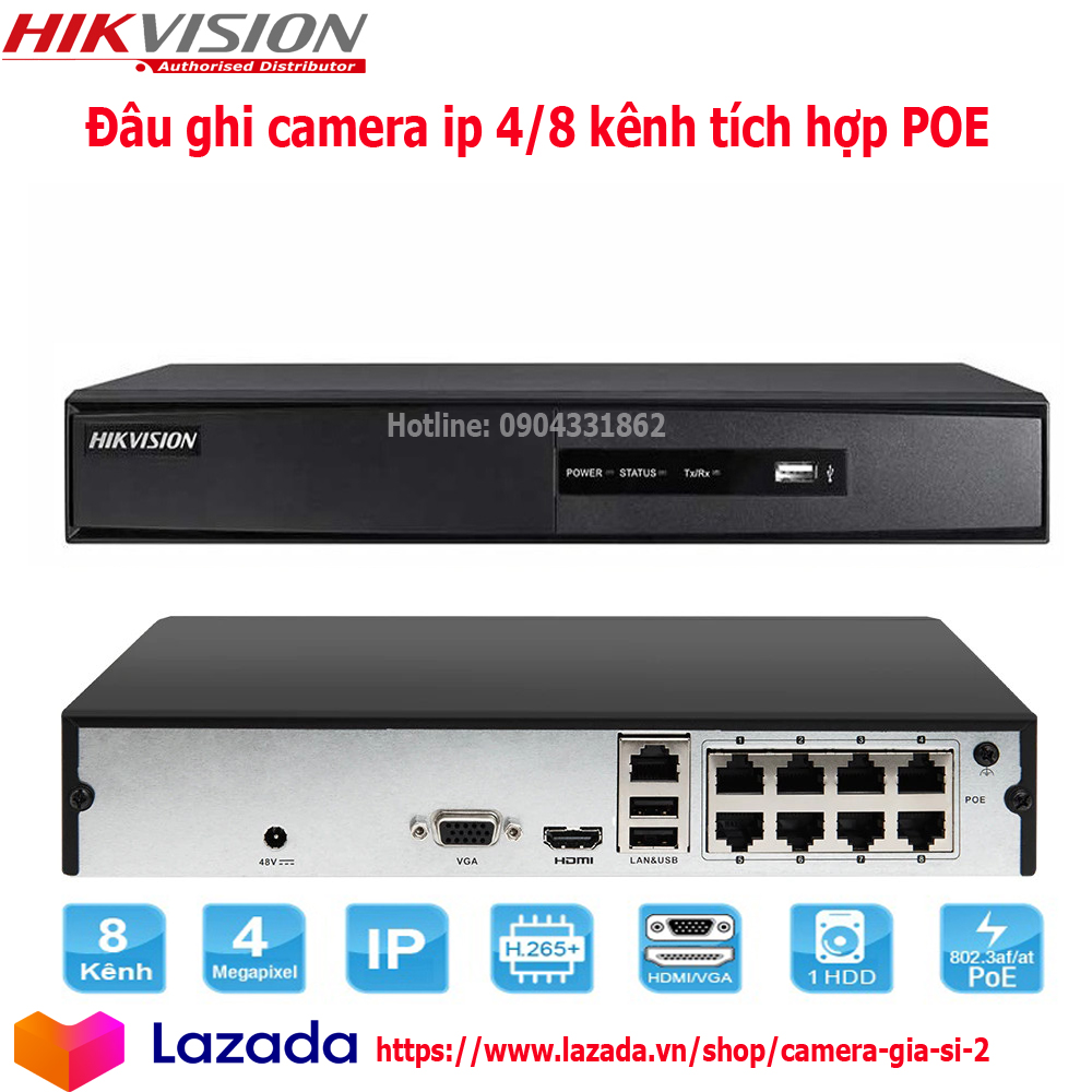 Đầu ghi hình camera IP tích hợp POE Chuẩn nén video H.265+ Độ phân giải ghi hình tối đa 4MP, 4/8 kênh mã SP 71xxNI ( Chính hãnghikvision )