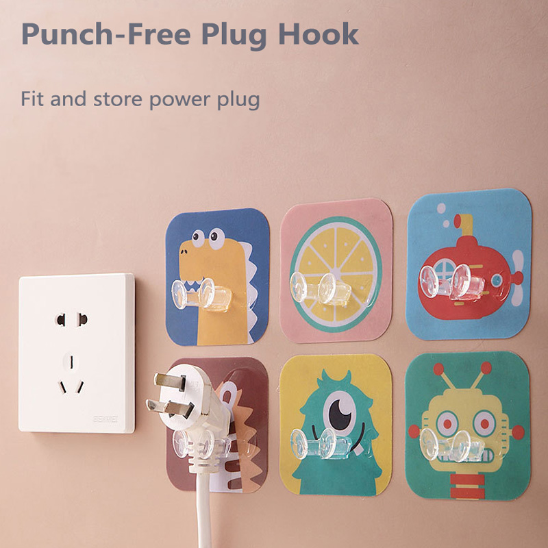 CHIPLY【Cartoon】4pc Set Cute Plug Wall Hook Seamless Plug Power PVC Hook Cord Storage Hook Sticky Hook Plug Fixing Frame 7.5*7.5cm
