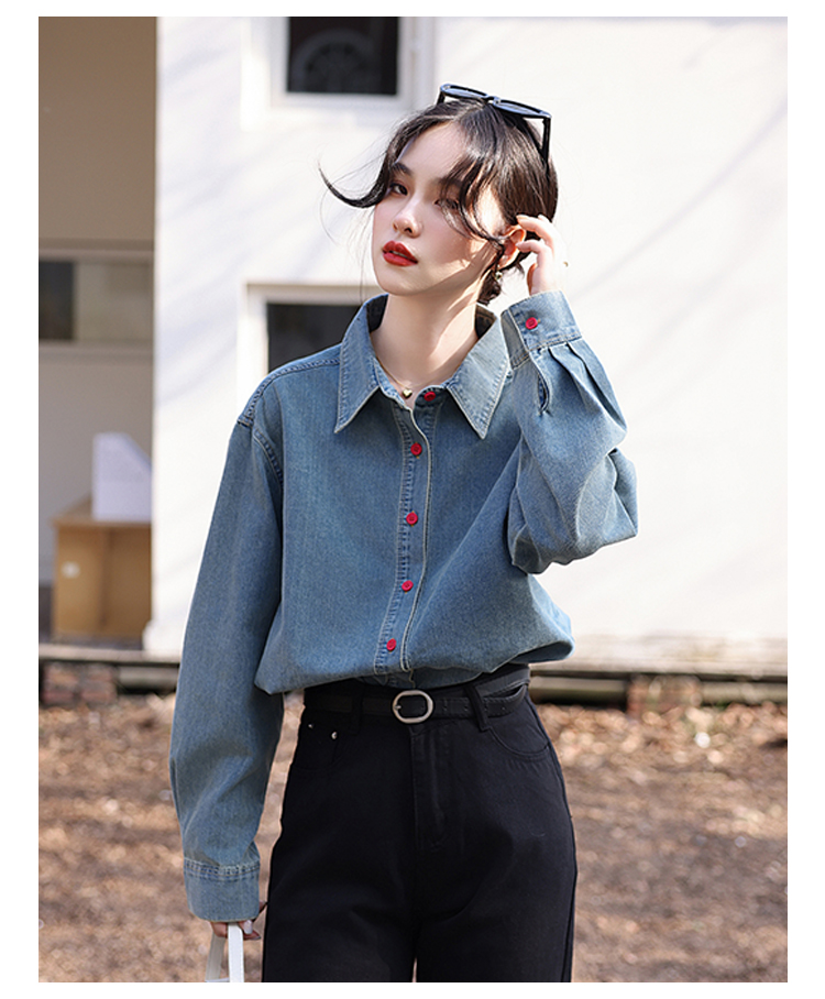 FairyTaill Love Embroidered Blue Polo Denim Shirt Women's Inner Layer Shirt Top Plus Size High Quality 201T790