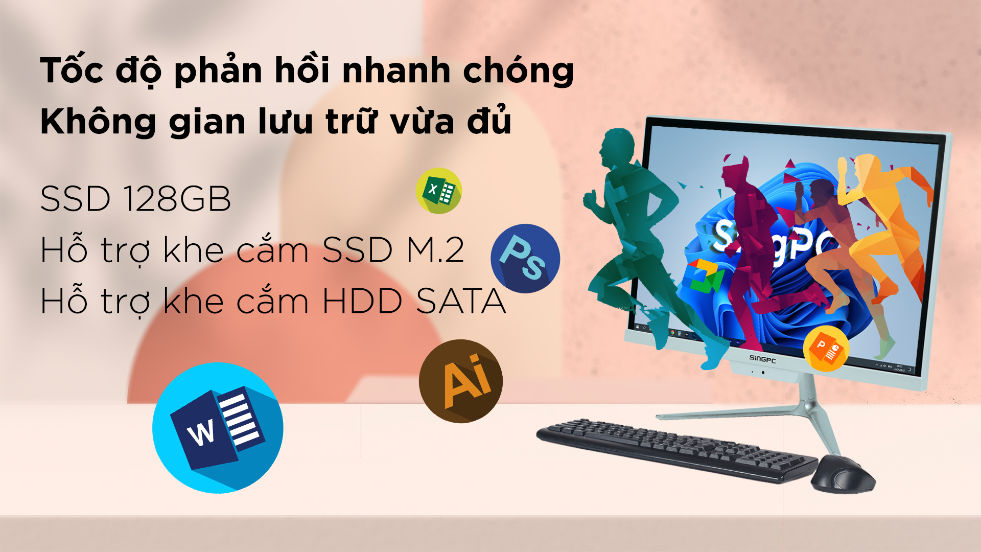 Máy tính All In One SingPC M19K380 (i3-2.4GHZ/8GB/128GB/19inch/Wifi/Bluetooth/Loa/Camera/Mic/K-M)