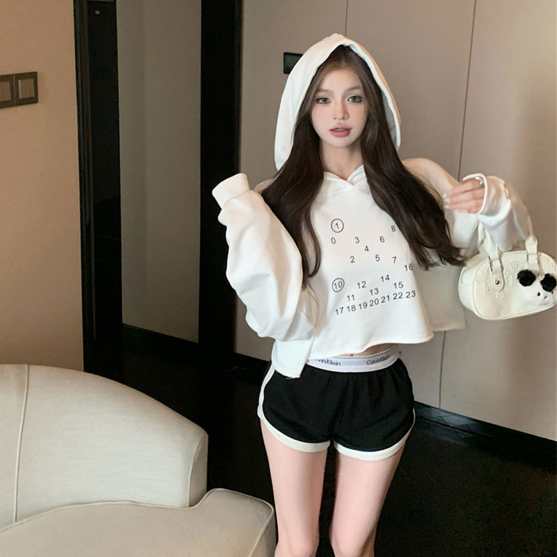 Guima women's sweatshirt Autumn women's white hooded letter print loose long-sleeved sweatshirt retro top pullover