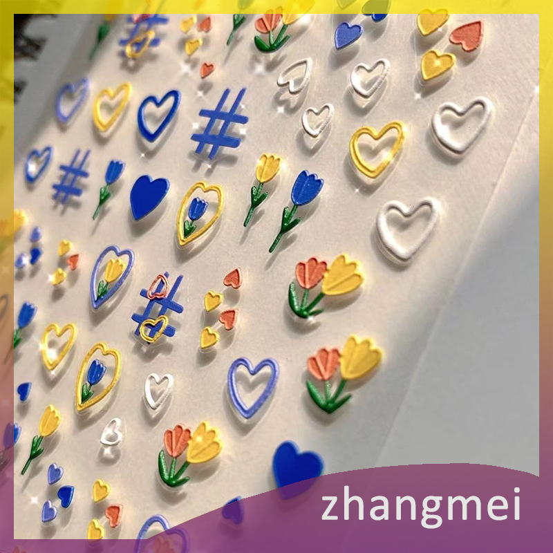 Zhangmei Miếng dán móng tay hình hoa tulip 5D đề can hình trái tim dễ thương cho móng tay trang trí móng tay hoa mùa xuân
