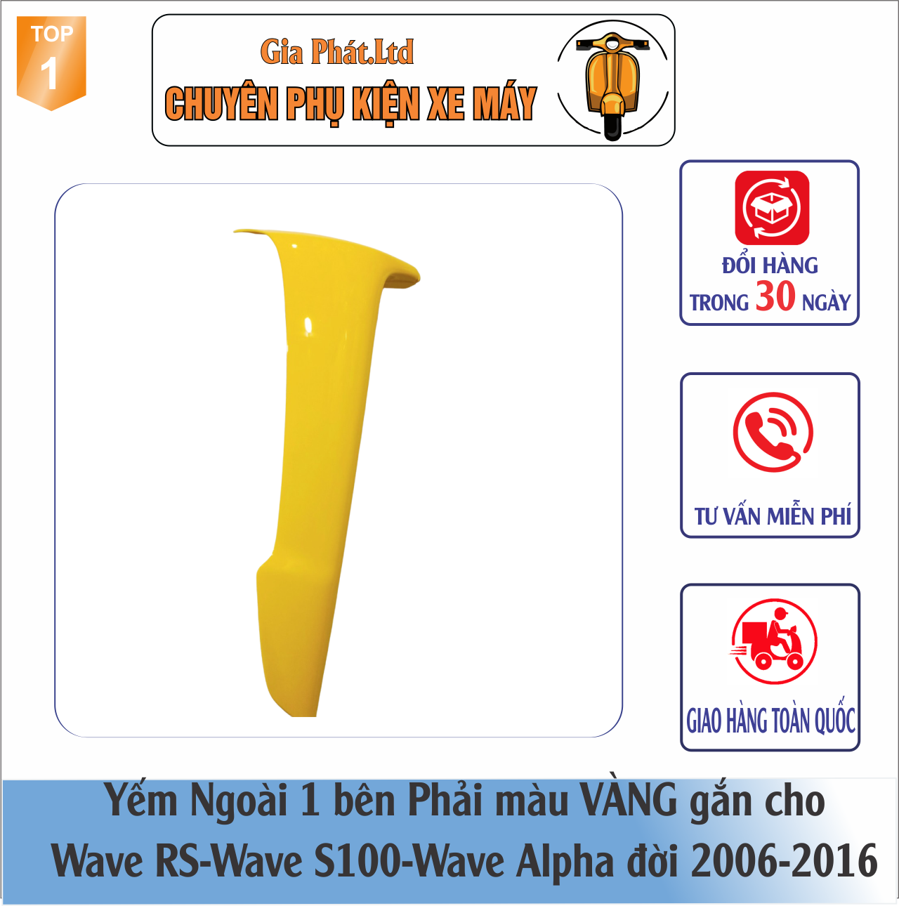 Yếm ngoài 2 bên màu VÀNG  gắn xe máy Wave Anpha,wave S100, wave RS mới đời 2006-2016 nhựa ABS cao cấp