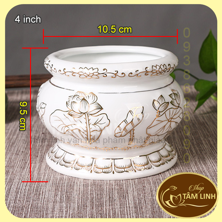 Lư hương bạch ngọc sen nổi bằng sứ cao cấp - loại 1