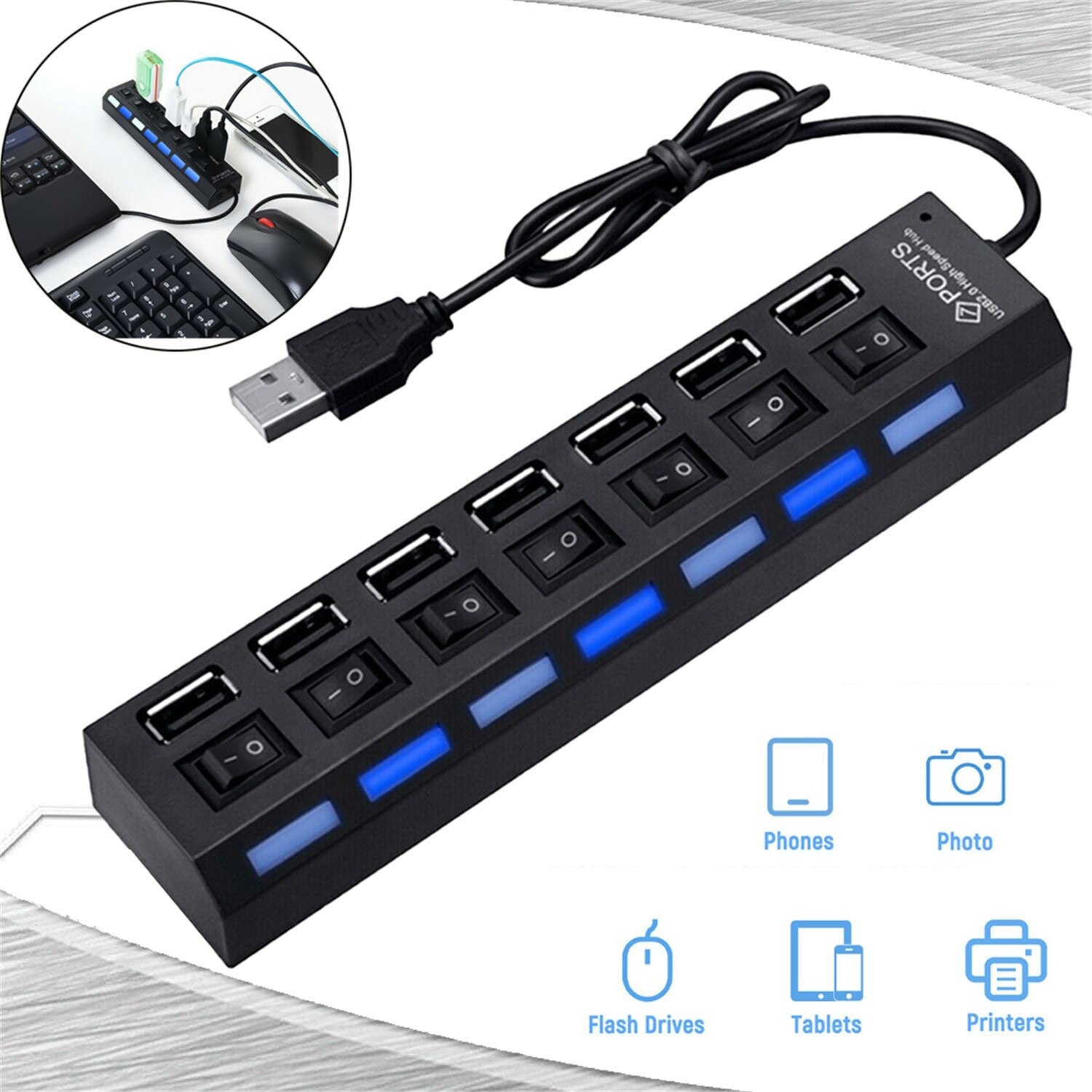USB HUB USB Switch Hub 2.0 Adapter High Speed Multi 7 Ports Hub USB On Off Portable Splitter For Computer Laptop