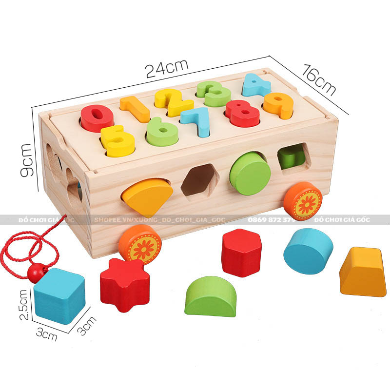 Bộ đồ chơi xe cũi thả hình khối và ghép số bằng gỗ cho bé