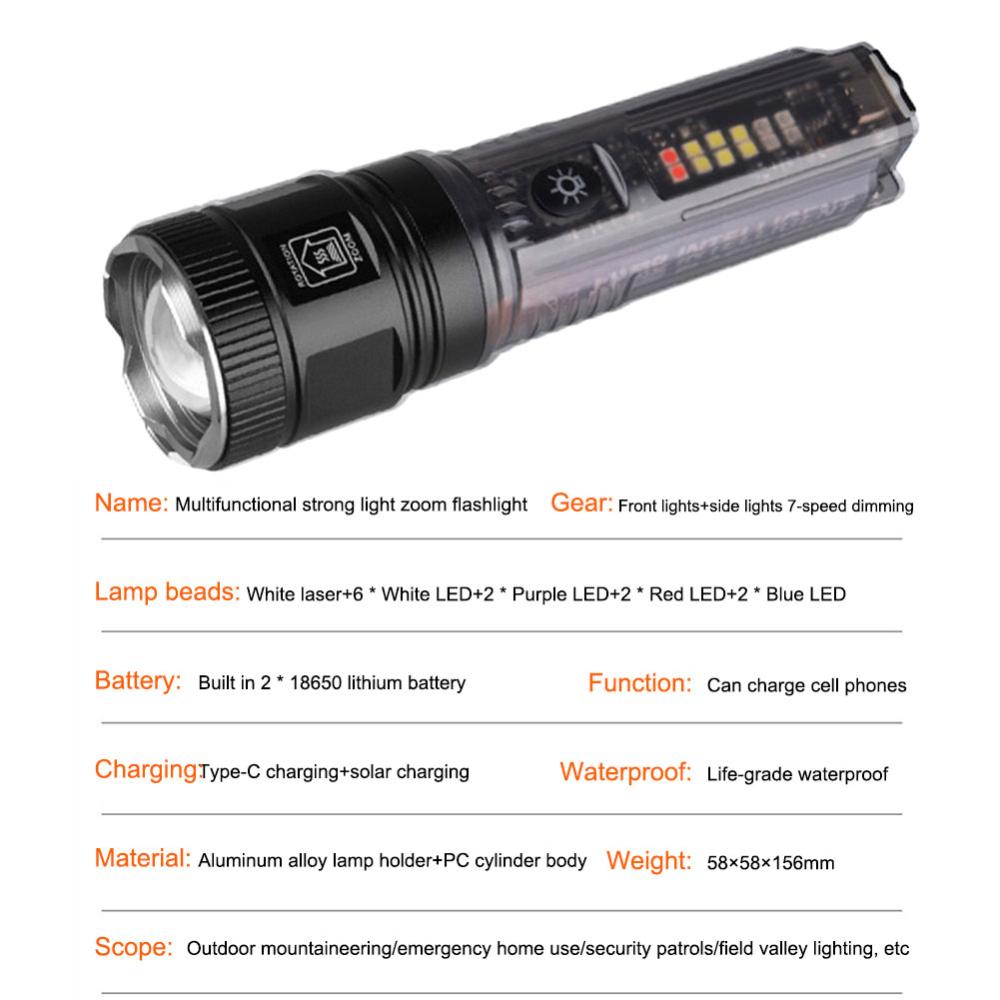 1800mAh Mini LED Flashlight Type-C Solar Rechargeable 200LM Multifunctional Torch Camping Lantern Floodlight