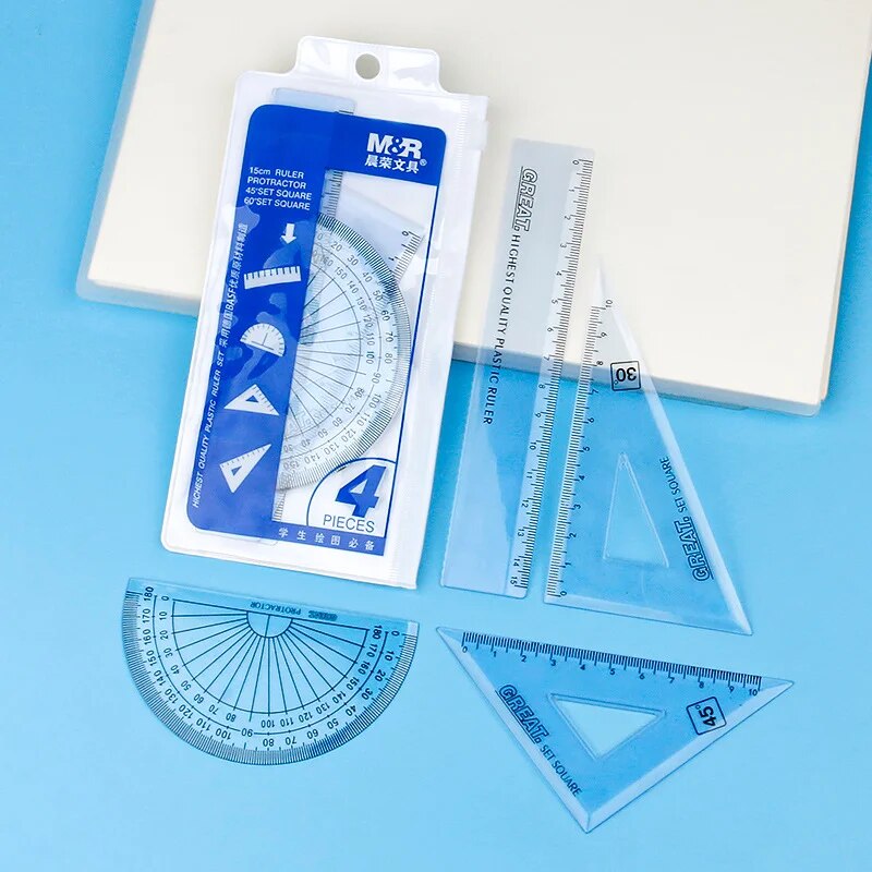 Hot Selling 4 Pcs/Pack Students Maths Geometry Stationery Ruler Set Squares Protractor Supplies