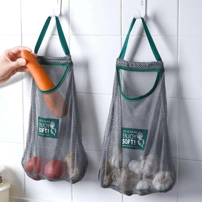 Multi-purpose Kitchen Hanging Storage Bags Breathable Mesh Bag Vegetable Fruit Holder Kitchen Accessories