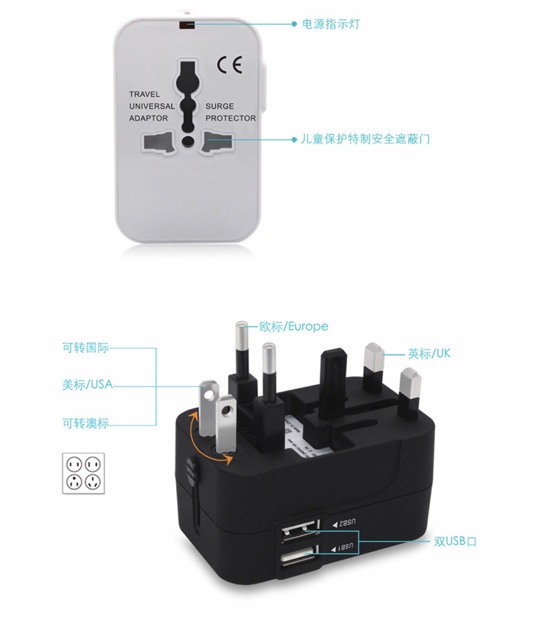 Ổ cắm điện du lịch quốc tế đa năng travel universal adapter có 2 cổng usb