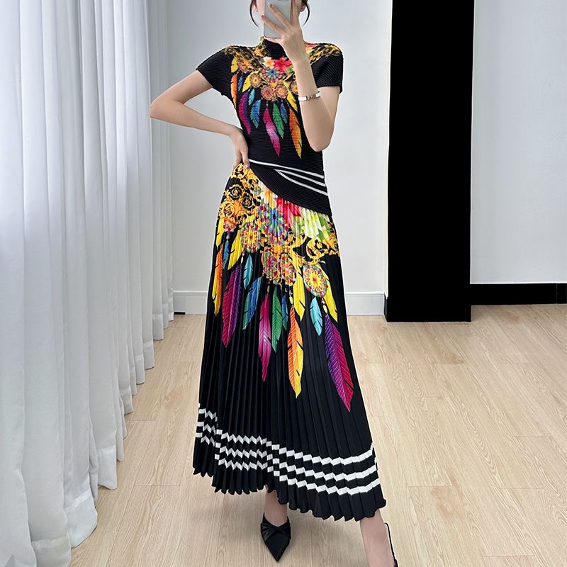 Bộ đồ cổ điển mizhai 2023 áo ngắn tay hạt ngô mẫu mới mùa hè + bộ hai mảnh váy xếp ly in họa tiết