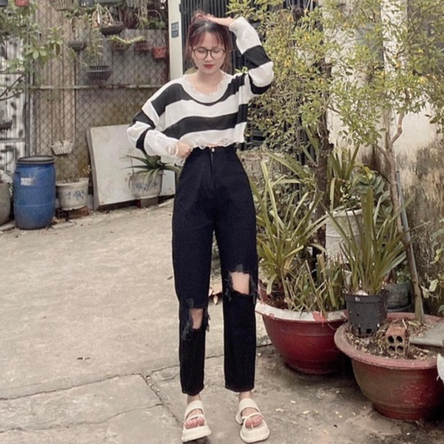 Set Baggy jeans đen rách 2ô + áo len sọc rách 2024