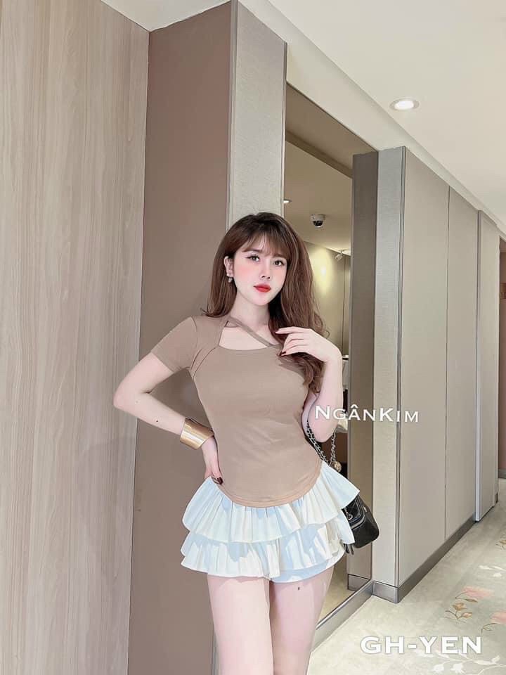 Set đầm nữ áo thun tay ngắn dây chéo cổ chân váy dập li tầng cực teen