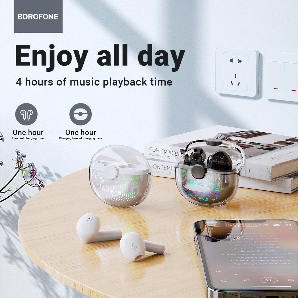 BOROFONE BW15 TWS Bluetooth Earphone True Wireless Headset Earbud Translucent Earphones Wireless Bluetooth 5.3 Touch Control Earbuds Built-In Microphone Sports Headset In-Ear Earphones For All ios /Android Mobile Phone