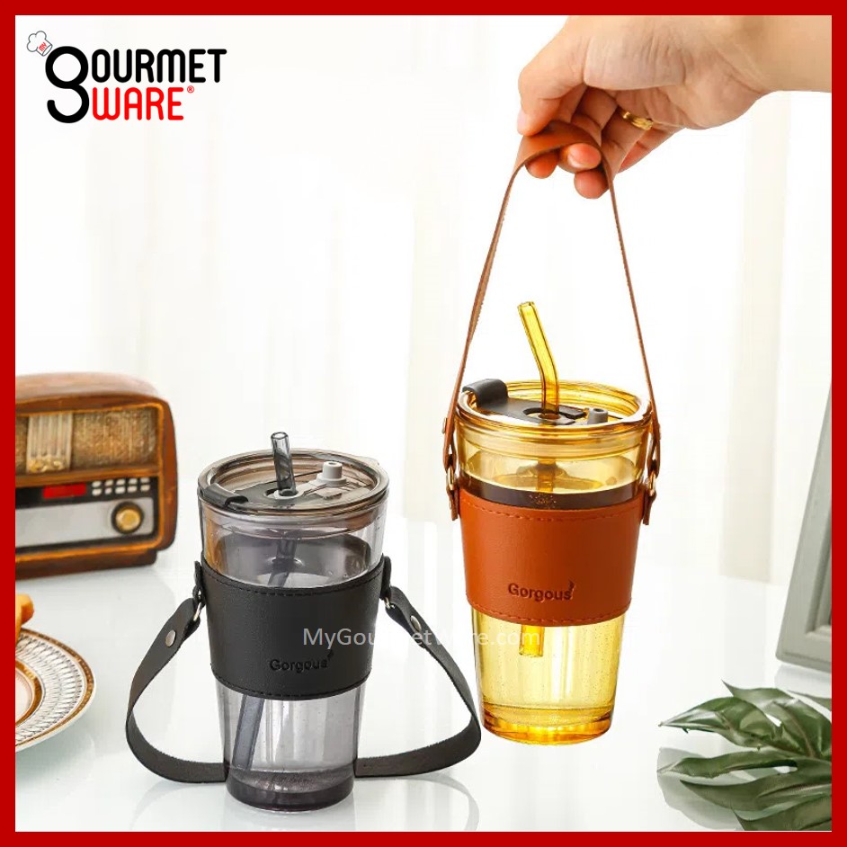 SG Stock] TikTok Glass Mug, Coffee Cup, Bubble Tea Milk Tea Tumbler with  Straw, Travel Mug with Leather