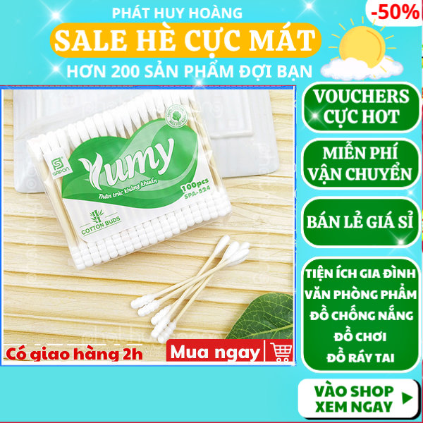 Gói 100 cây tăm bông thân trúc Yumy an toàn môi trường cực tốt, tăm bông thân gỗ ngoáy tai người lớn, bông tâm ngoái tai gỗ vệ sinh rốn tai, tăm bông vệ sinh ngoáy tay thân gỗ cho bé, Phát Huy Hoàng