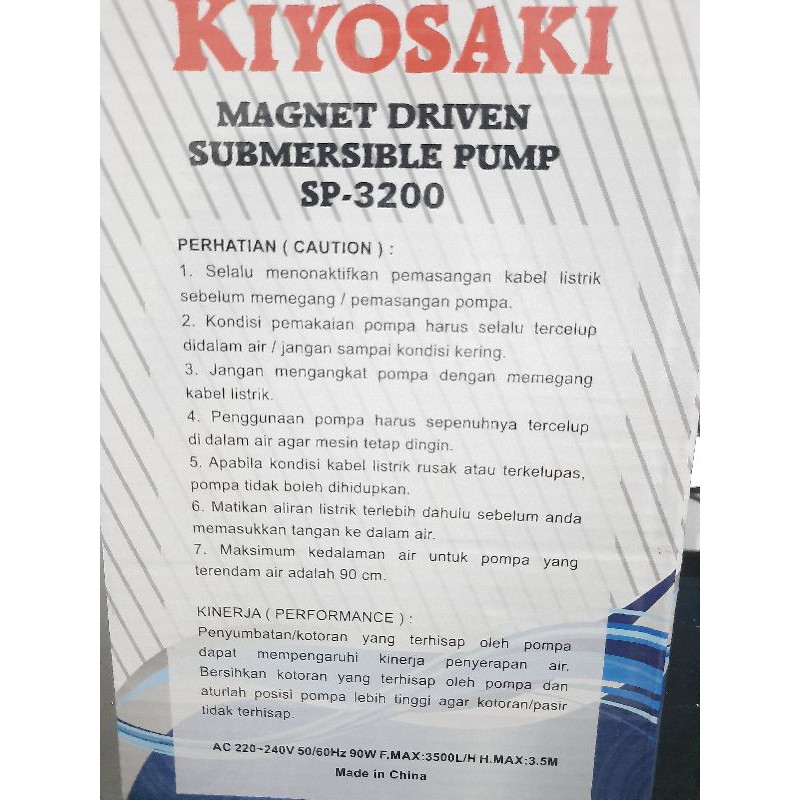 Pompa celup kolam hidroponik KIYOSAKI SP 3200 Stainless model termos Sumersible pump