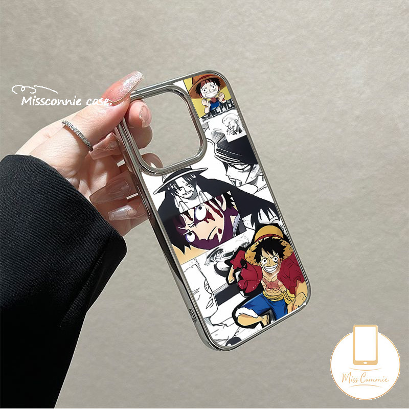 Trendy Brand Comic One Piece Phone Case Compatible for IPhone 11 14 13 15 12 Pro Max 8 7 14 15 Plus XR X 7Plus XS Max SE 2020 Luxury Electroplated Frame Cartoon Funny Luffy Cover.