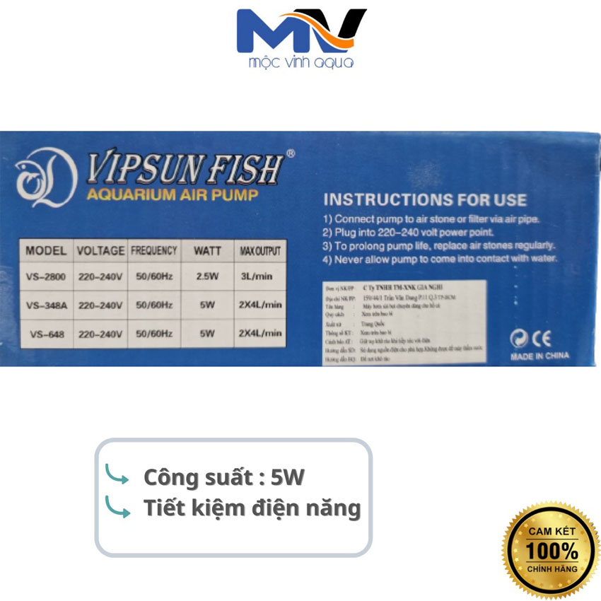 [ Tặng 2 dây sủi - 2 quả sủi ] Máy sủi oxy hồ cá 2 vòi Vipsun siêu êm, nhỏ gọn