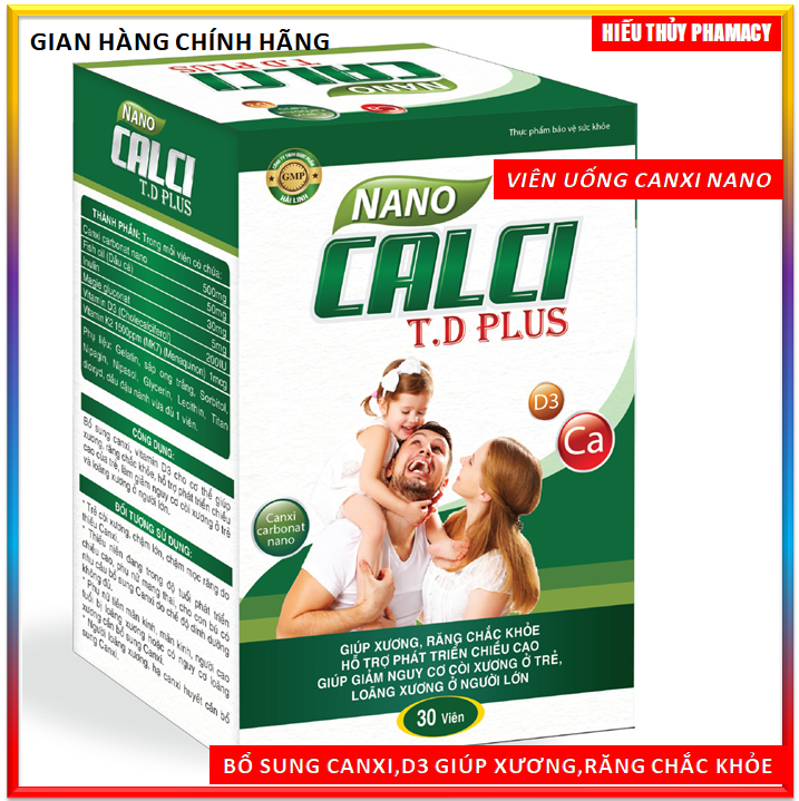 Cho trẻ từ 1 tuổi-Viên Uống Calci Nano calci TD Plus -Bổ sung Canxi  Vitamin D3 GiúpXương và Răng chắc Khỏe ,Hỗ trợ phát triển chiều cao của trẻ ,giảm nguy cơ còi xương trẻ  và loãng xương người già