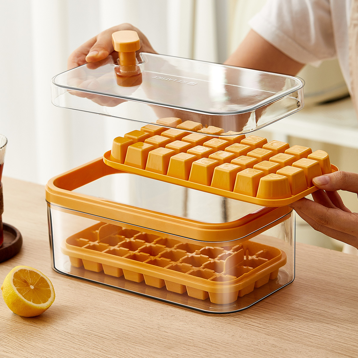 Ice Cube Silicone Press Ice Box Single và Double Layer Square Ice Cube Khuôn di động Công suất lớn Ice Cube Ice lưu trữ hộp với nắp đậy