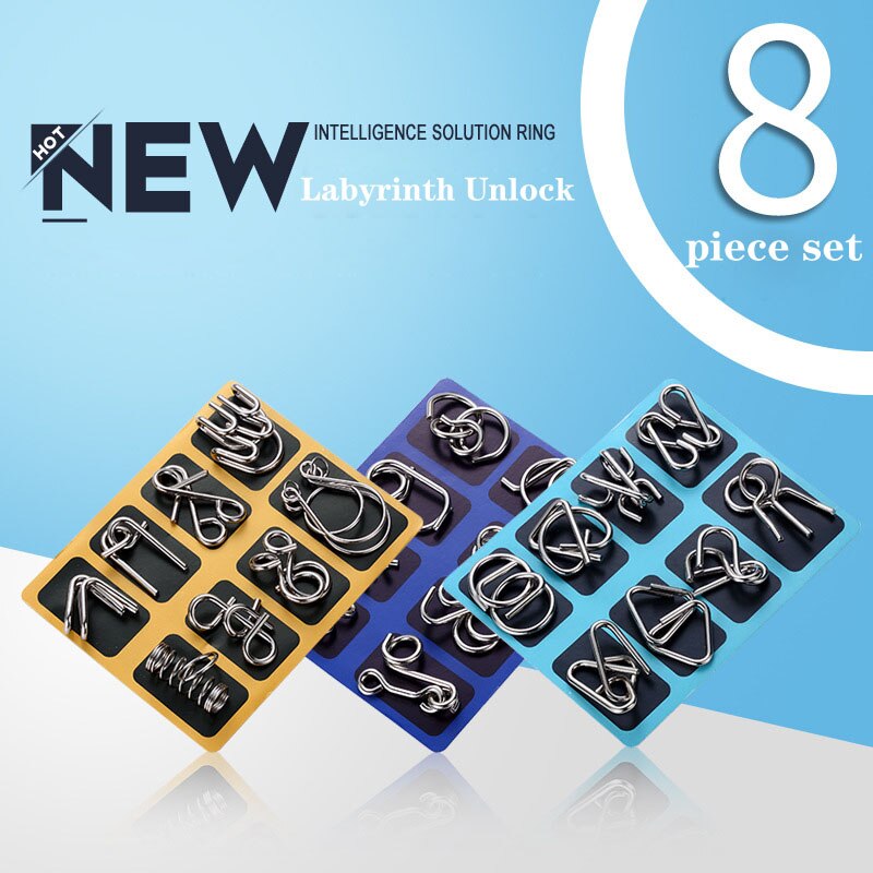 8PCS/Set IQ Metal Puzzle Brain Teaser Intelligence Solution Ring Montessori Puzzles for Children Adults Anti-Stress Fidget Toy
