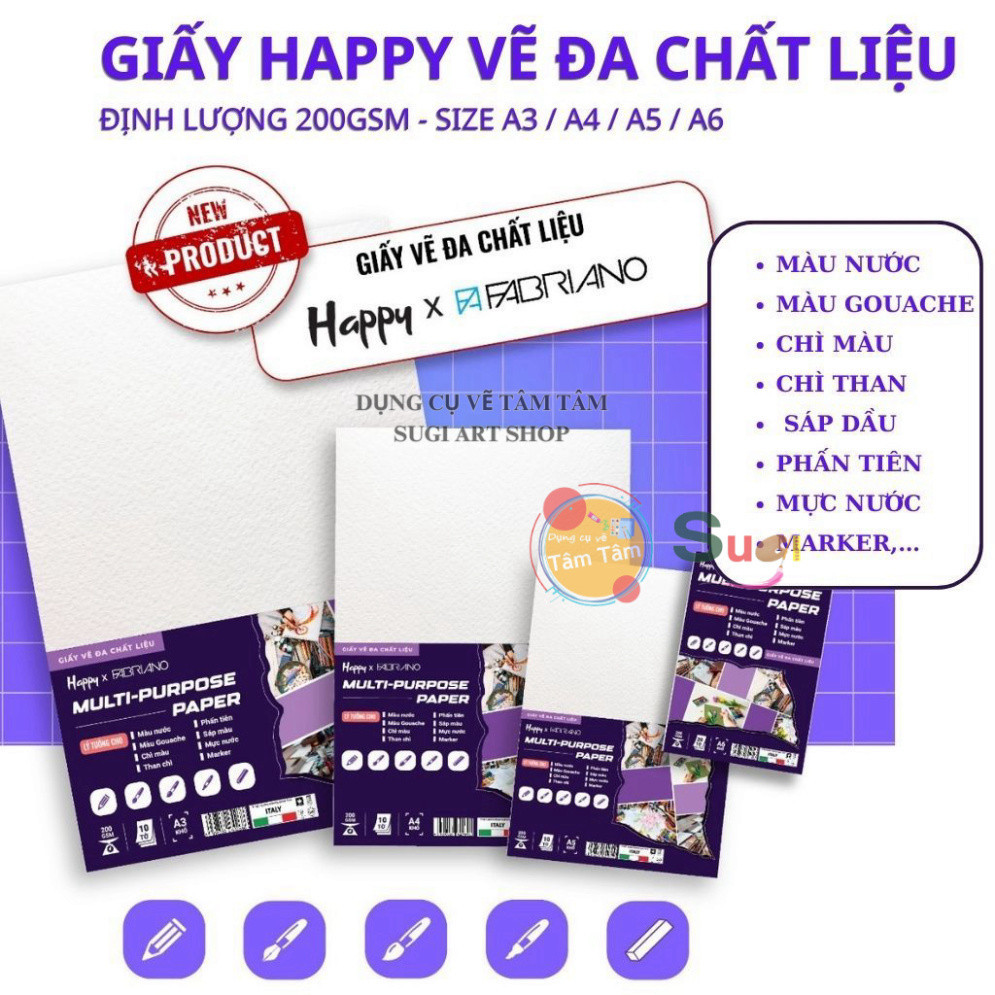 Giấy Vẽ Happy 200gsm , Giấy vẽ đa chất hiệu Multi Purpose Paper 200gsm