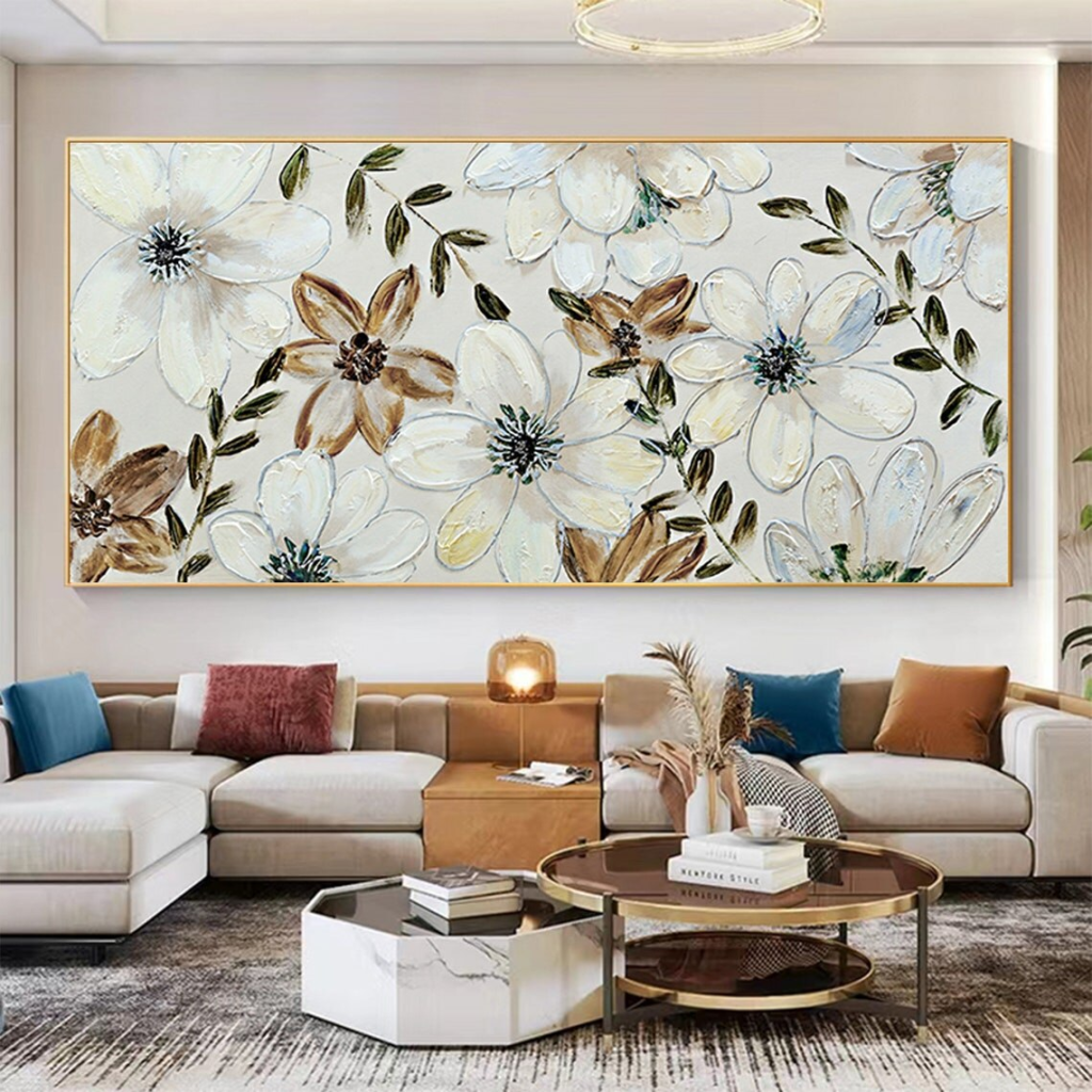 Tranh sơn dầu gốc trên vải lớn tường nghệ thuật kết cấu vàng trắng sen impasto nghệ thuật phòng khách trang trí tường