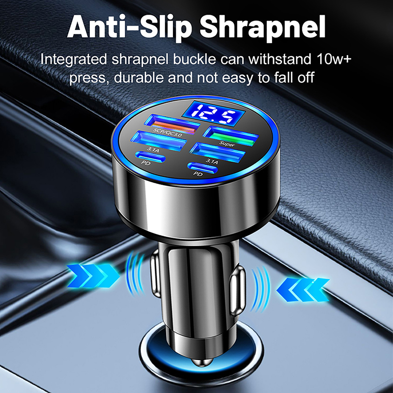 100W 6-Ports USB Type-C Car Charger With Voltage Display PD Fast Charging Power Adapter For Iphone Android Smart Phone Tablet. 