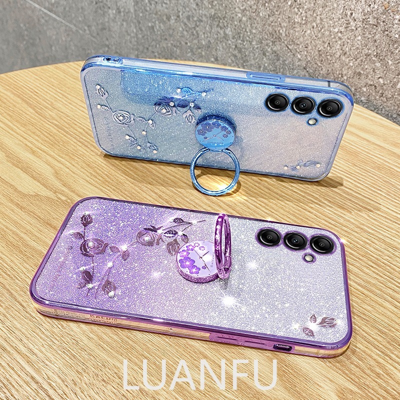 Case for Samsung Galaxy A15 5G A05S Gradient Glitter Rose Soft Silicone Back Cover with Ring Stand and Lanyard Drop-proof Shockproof Protective Cover
