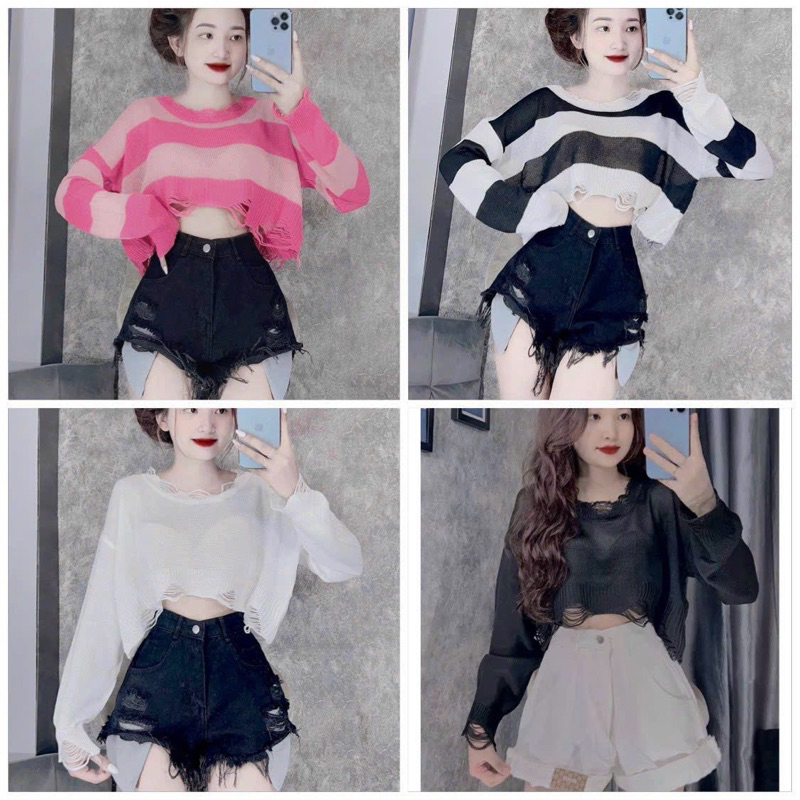Áo len nữ kiểu rách mỏng croptop cá tính hàng QC