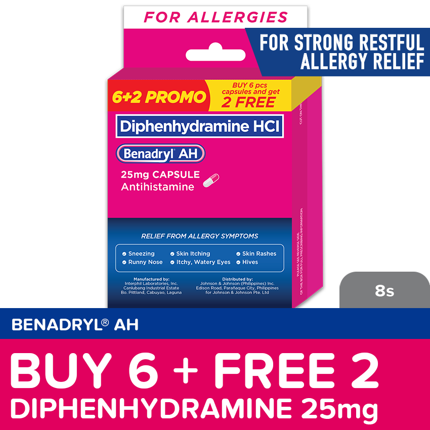 Benadryl AH 25mg 6s FREE 2 Capsules Value Pack - Allergy medicine ...