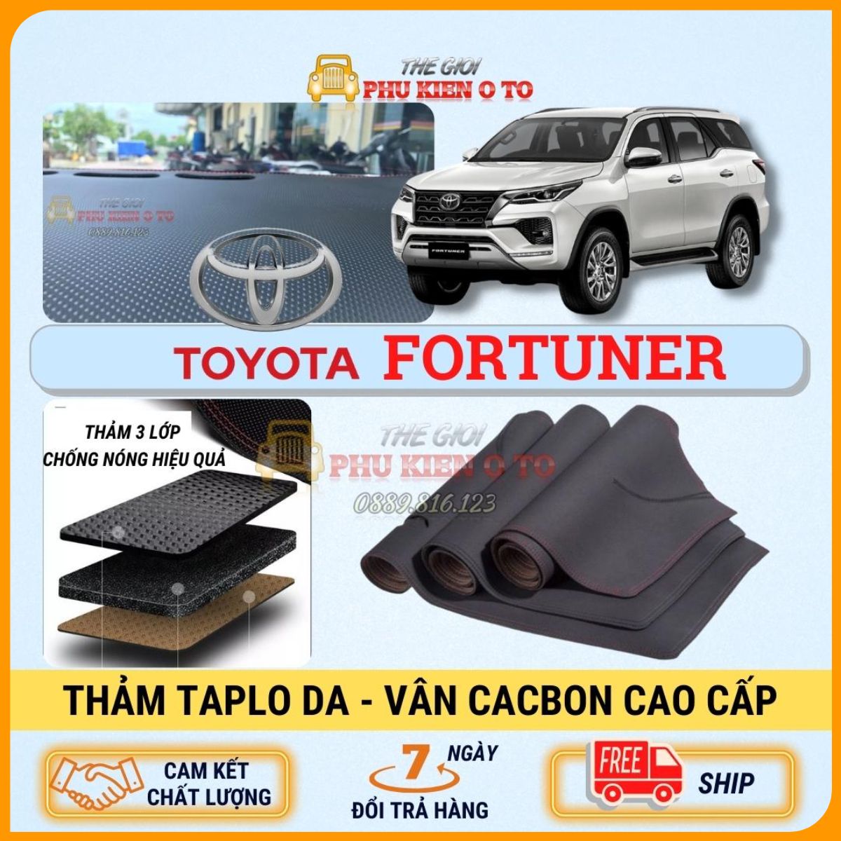 Thảm taplo Toyota Fotuner 2017 - 2022 da Cacbon 3 lớp cao cấp, chống nóng cho xe ô tô hiệu quả