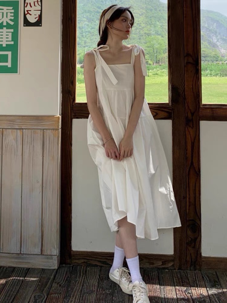 Váy babydoll dáng dài 2 dây bản to xanh đen trắng thắt nơ form rộng Đầm bầu hai dây maxi 2 tầng buộc dây suông