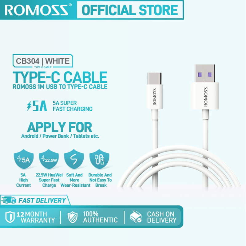Romoss cb304 1m cable 6a super fast charging cord pvc material type-c data cables