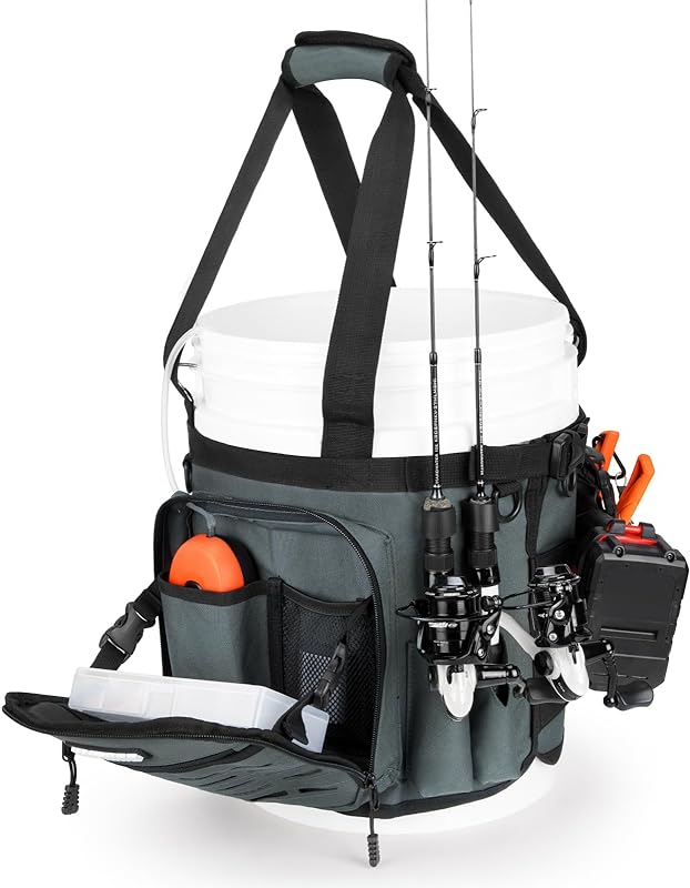 LZD KastKing Karryall Fishing Bucket Organizer for 5 Gallon Bucket,Ice  Fishing Tackle Bag with Adjustable Buckle, Rod & Plier Holder and  Multi-Pockets for Fishing Gear & Accessories Storage,Dark Gray