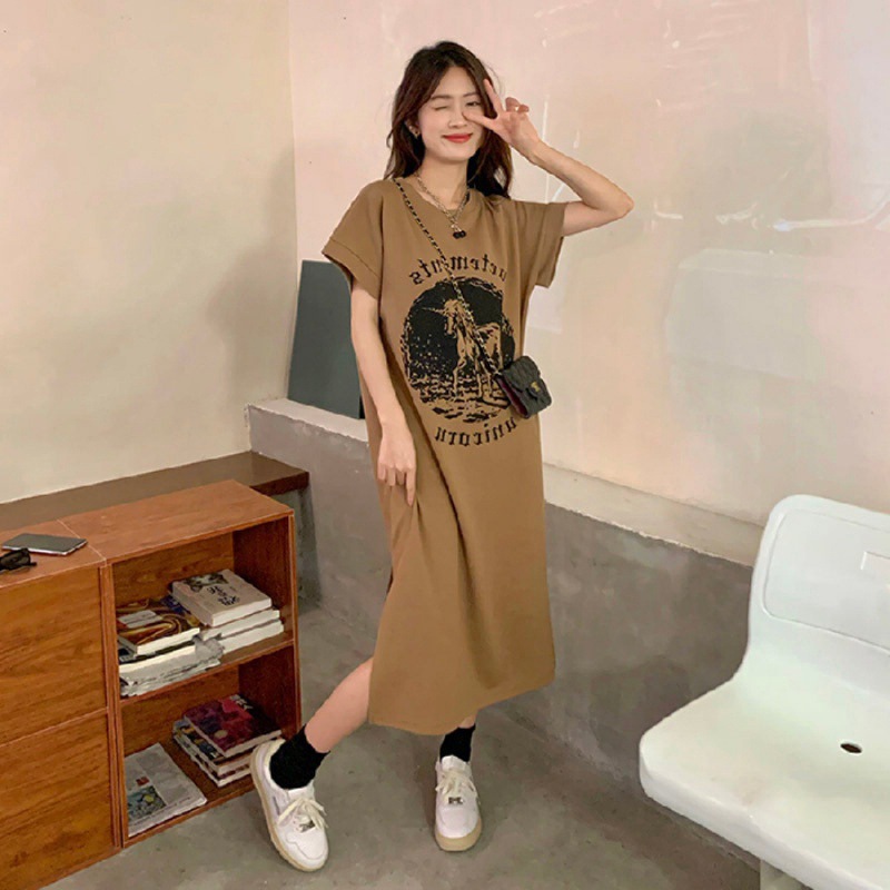 JOYNCLEON Bộ đồ bầu in hình kỳ lân bên xẻ tà dáng rộng cổ tròn tay ngắn Áo thun đầm nữ dài đầm