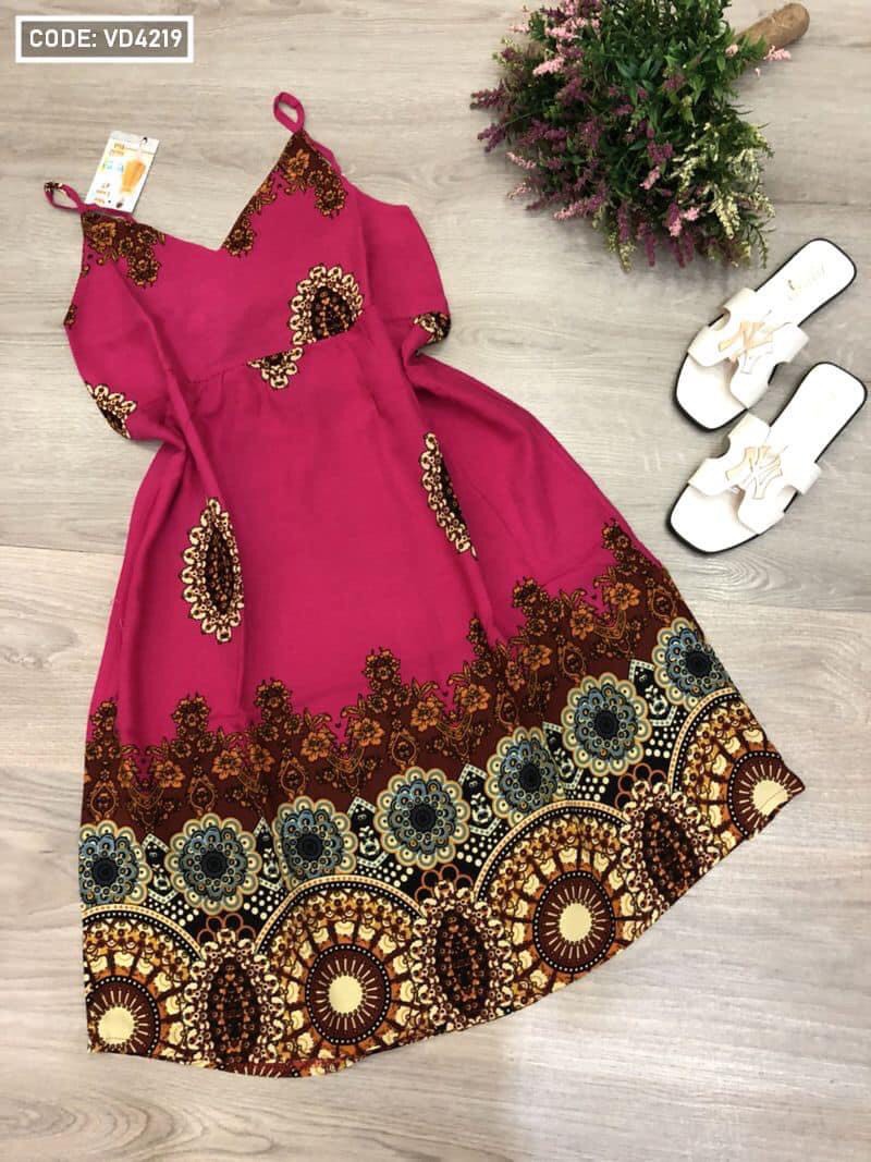 VÁY 2 Dây Vải Lanh (Tole) Hoa  – Đầm Dáng Xòe