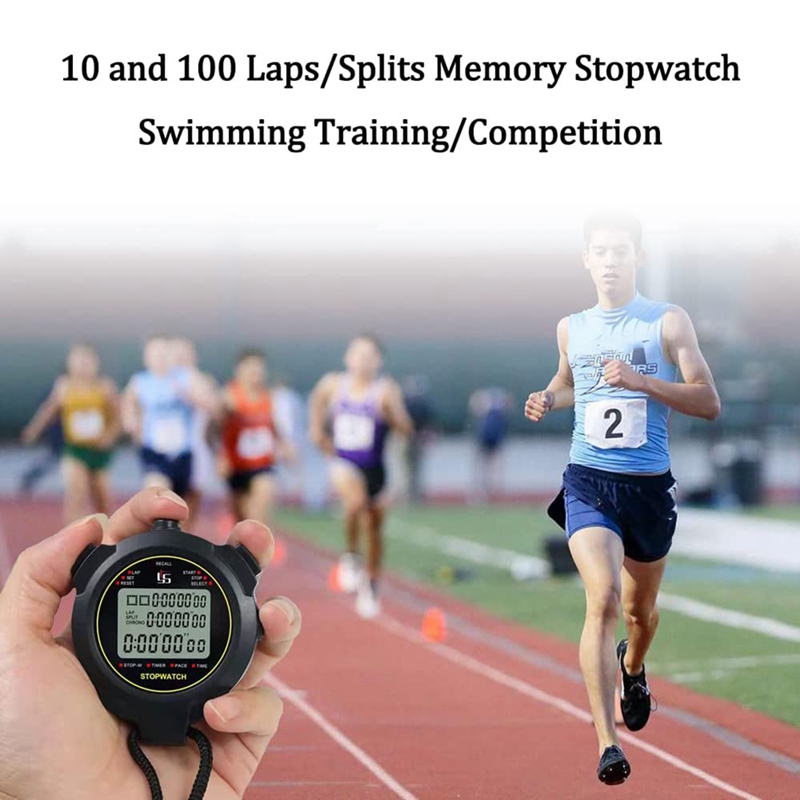 Digital Sports Stopwatch, 10Lap /Split Memory Stopwatch Count Down Timer, Large Display Waterproof 12/24 Hour Clock