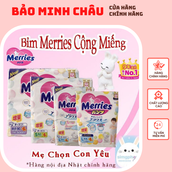 BỈM/ TÃ MERRIES CỘNG MIẾNG NỘI ĐỊA NHẬT ĐỦ SIZE dán NB96/S88/M68/L58, quần M64/L50/XL44/XXL26+2