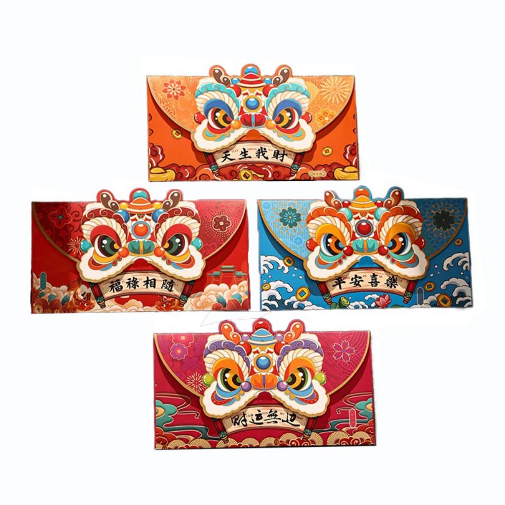 OMSS phong bì đựng tiền đẹp bao lì xì bao lì xì tết 2024 bao thư phong bì 4pcs Múa sư tử Phong bì Đỏ năm rồng Phong cách Trung Quốc Đỏ Phong bì đựng tiền may mắn Điều ước tốt nhất Hoạt hình Túi đựng tiền may mắn Năm mới Trung Quốc
