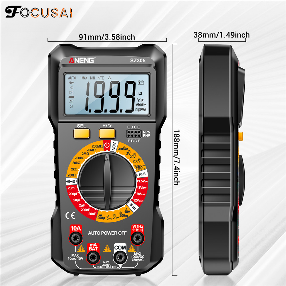 FocusAi ANENG Multimeter Volt Ohm Amp Meter Autoranging for AC/DC Current Voltage Resistance Frequency Tester