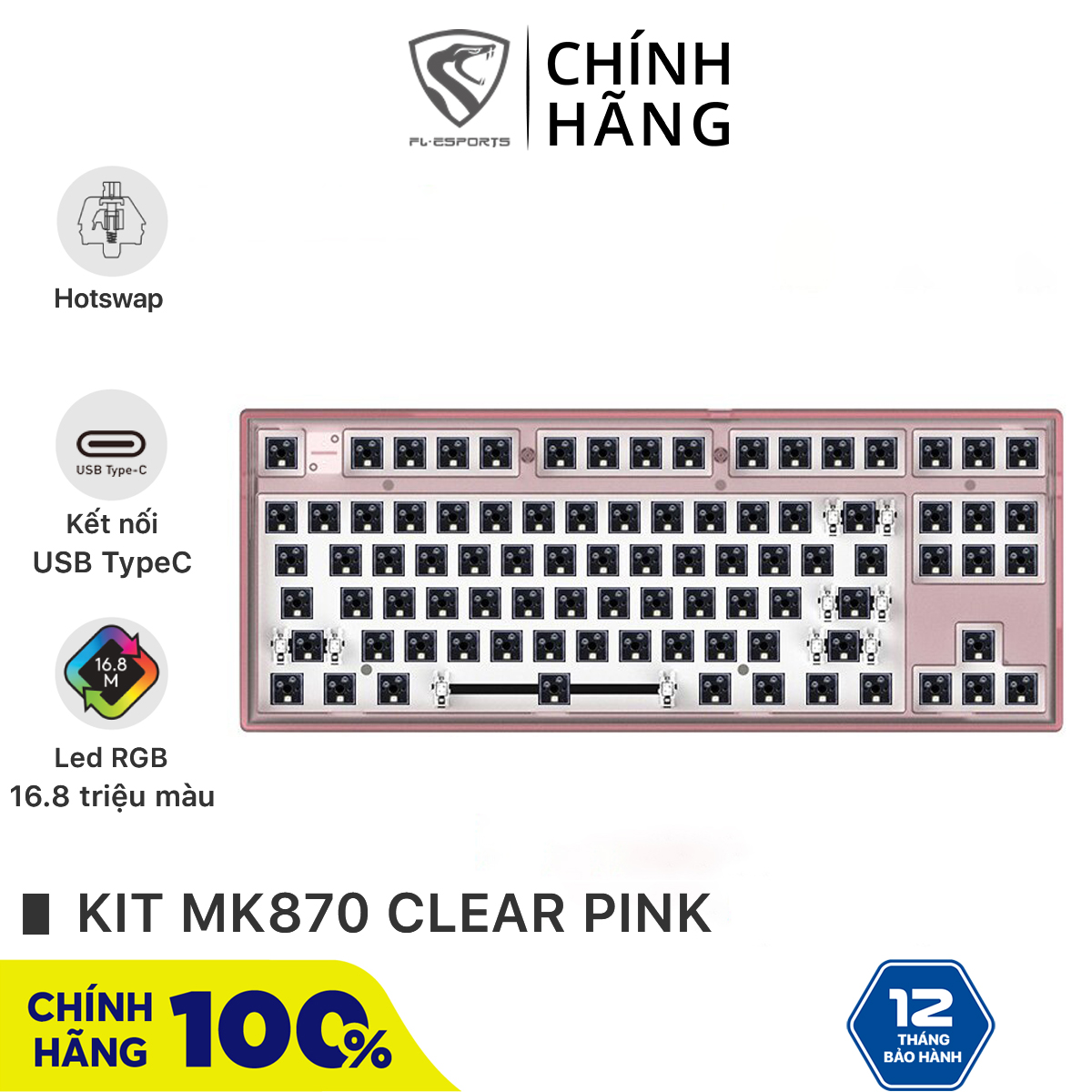Bộ kit bàn phím cơ FL-Esports MK870 1 Mode Clear Pink - Hotswap - Led RGB - Sẵn foam - Bảo hành 12 tháng