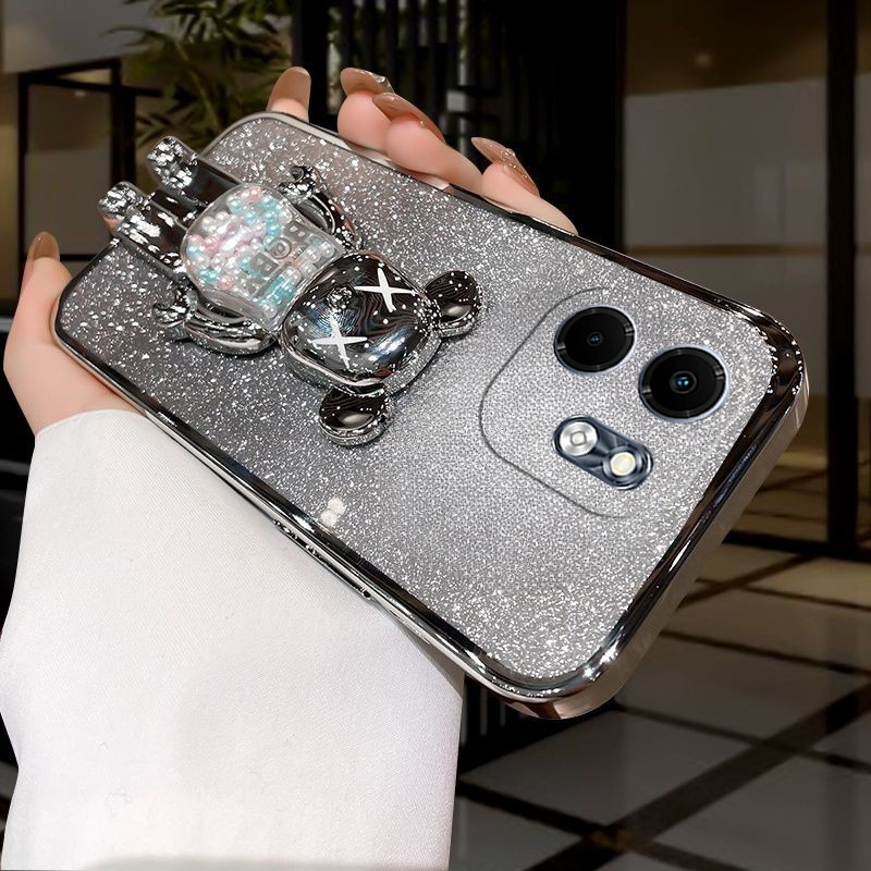 For infinix Smart 9 Case with Cartoon 3D Bear Stand Luxury Slim Gradient Plating Glitter Girls Stylish For infinix Smart9 Back Cover. 
