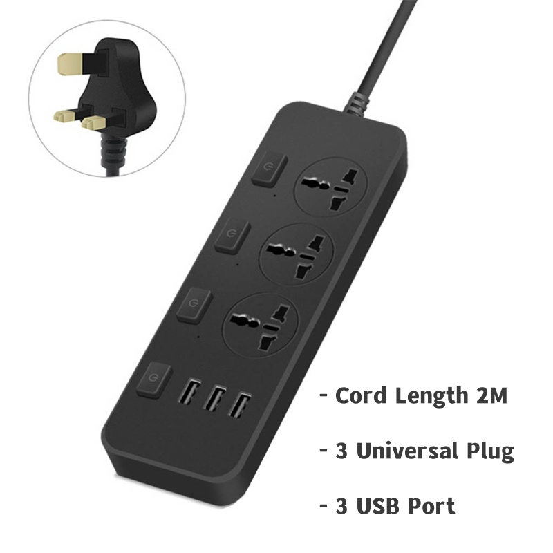3 USB Port 3 UK Universal Power Strip 2Meter Extension Plug Power