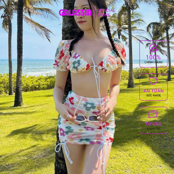 Bikini hoa đi biển 2 mảnh kèm chân váy rút dây đồ bơi nữ GALASSIA thumbnail