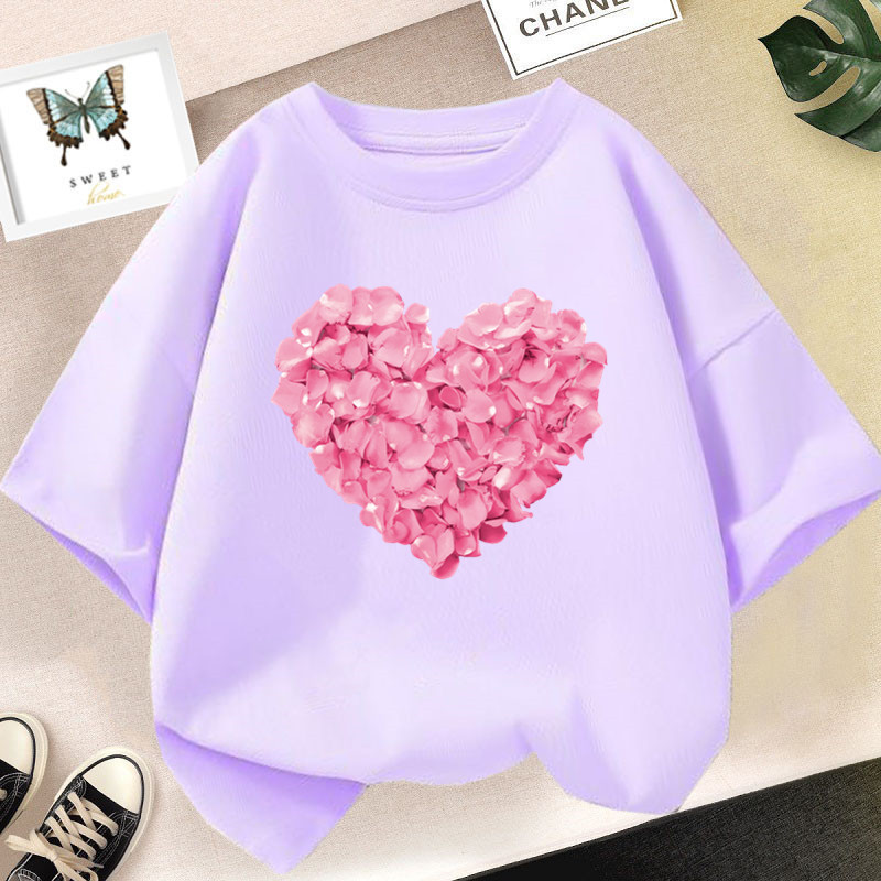 【No-Questions-Asked Refund】 Pink Heart Flower Print Girls Tshirt Casual Cute T-Shirt Gift Yong Girl Fashion Floral Kids Summer Clothes.